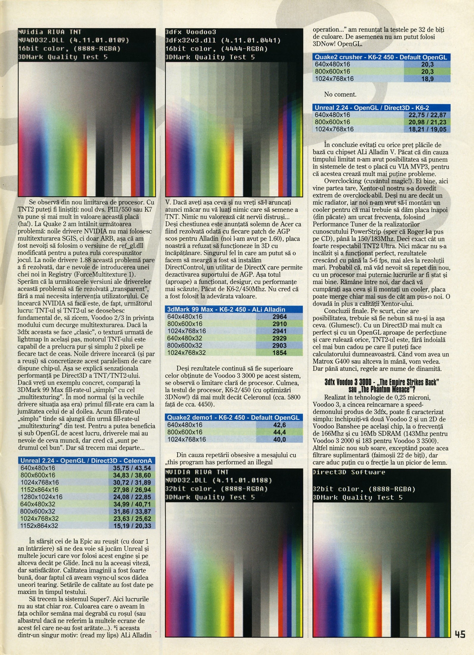 Nr. 6 (16), Iulie-August 1999, pagina 47 — TNT2 Guillemot Maxi Gamer Xentor vs. 3dfx Voodoo3 3000