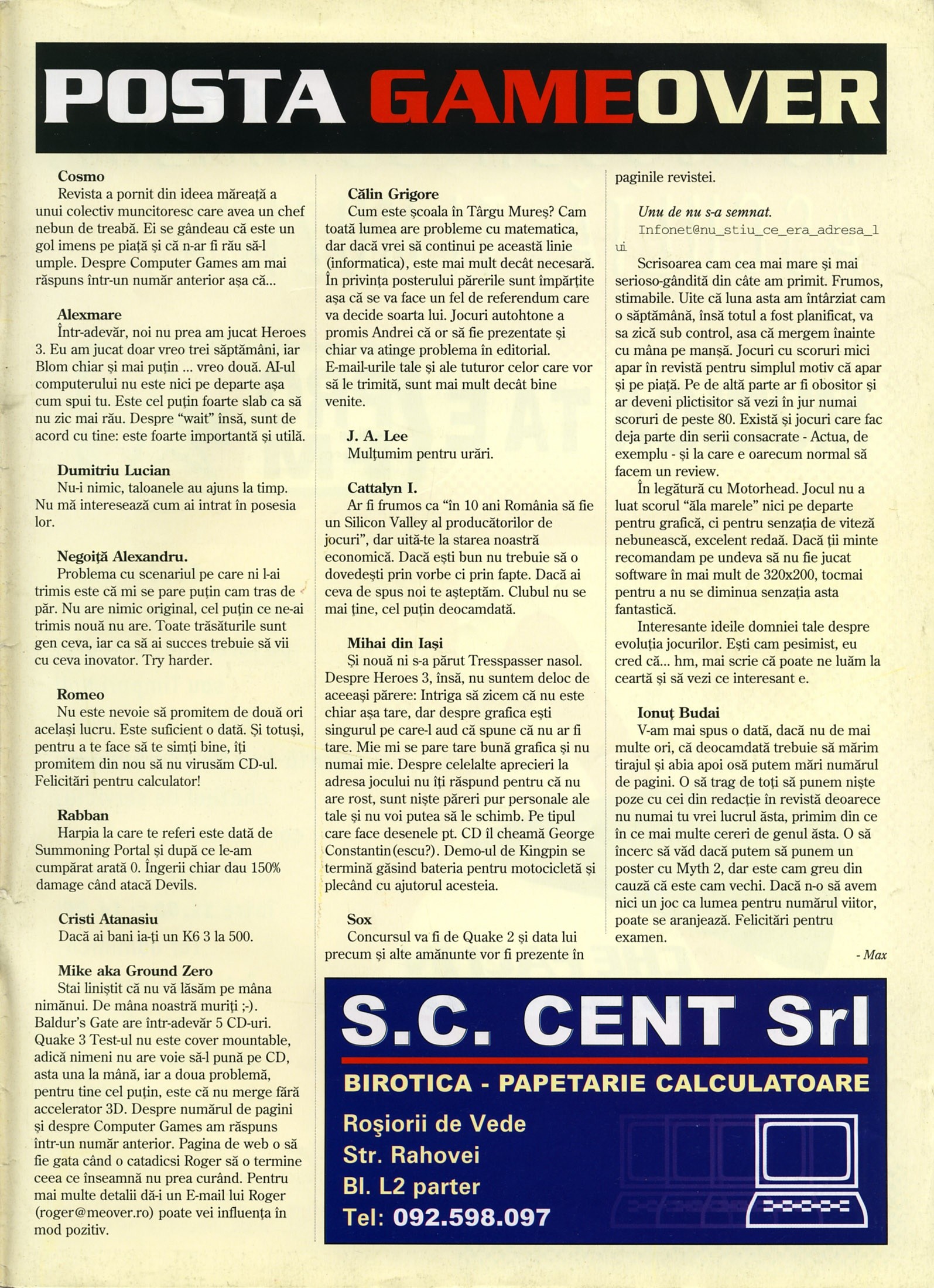 Nr. 6 (16), Iulie-August 1999, pagina 51 — Posta Game Over (reader letters)